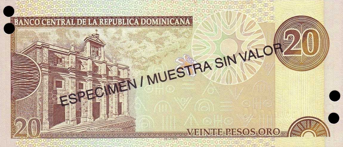Back of Dominican Republic p166s: 20 Pesos Oro from 2000
