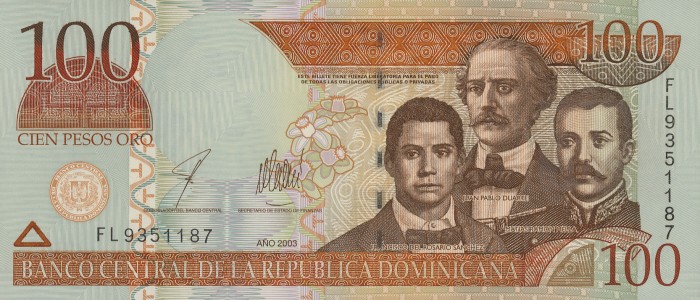 Front of Dominican Republic p171a: 100 Pesos Oro from 2001