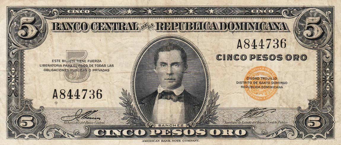 Front of Dominican Republic p61a: 5 Pesos Oro from 1947