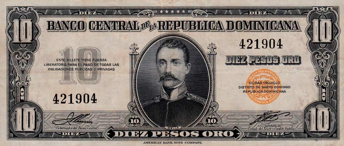 Front of Dominican Republic p62a: 10 Pesos Oro from 1947