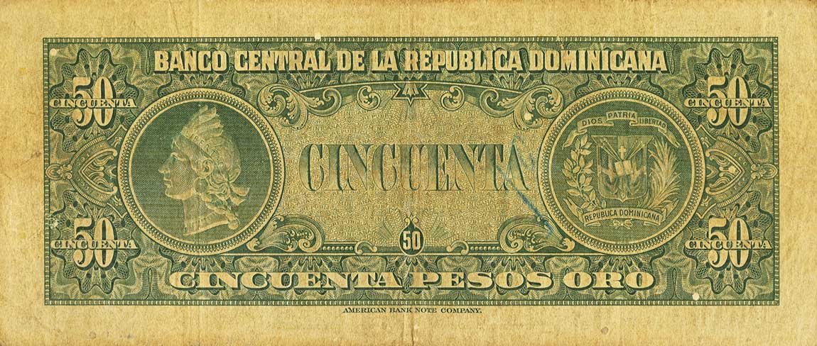 Back of Dominican Republic p64a: 50 Pesos Oro from 1947