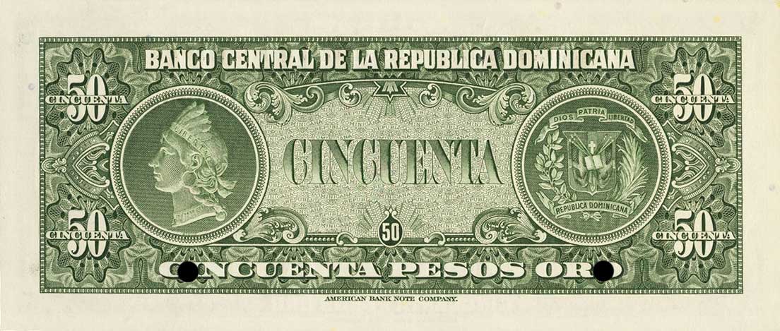 Back of Dominican Republic p64s: 50 Pesos Oro from 1947