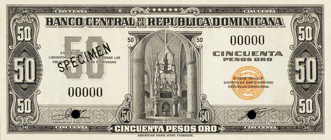 Front of Dominican Republic p64s: 50 Pesos Oro from 1947