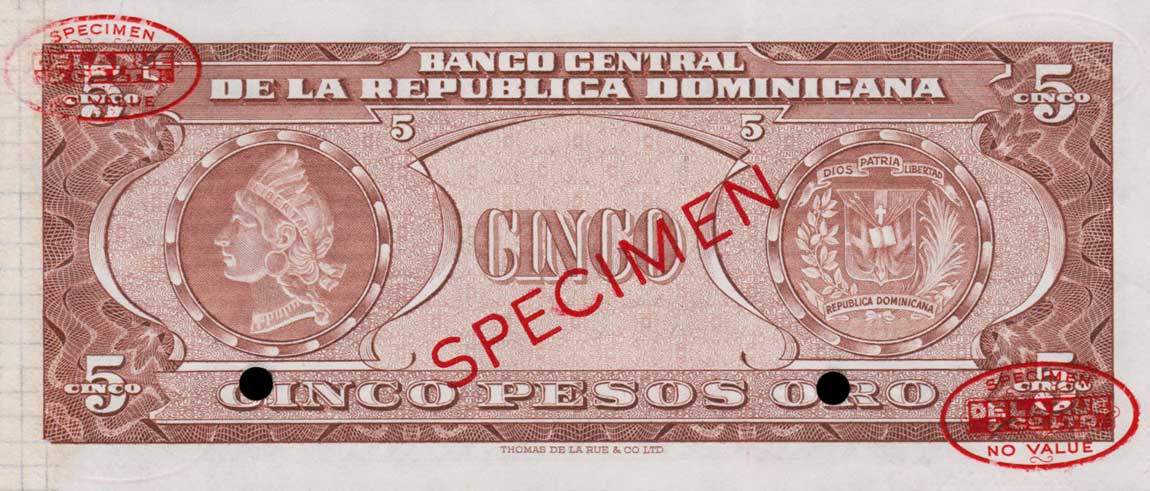 Back of Dominican Republic p68s: 5 Pesos Oro from 1952