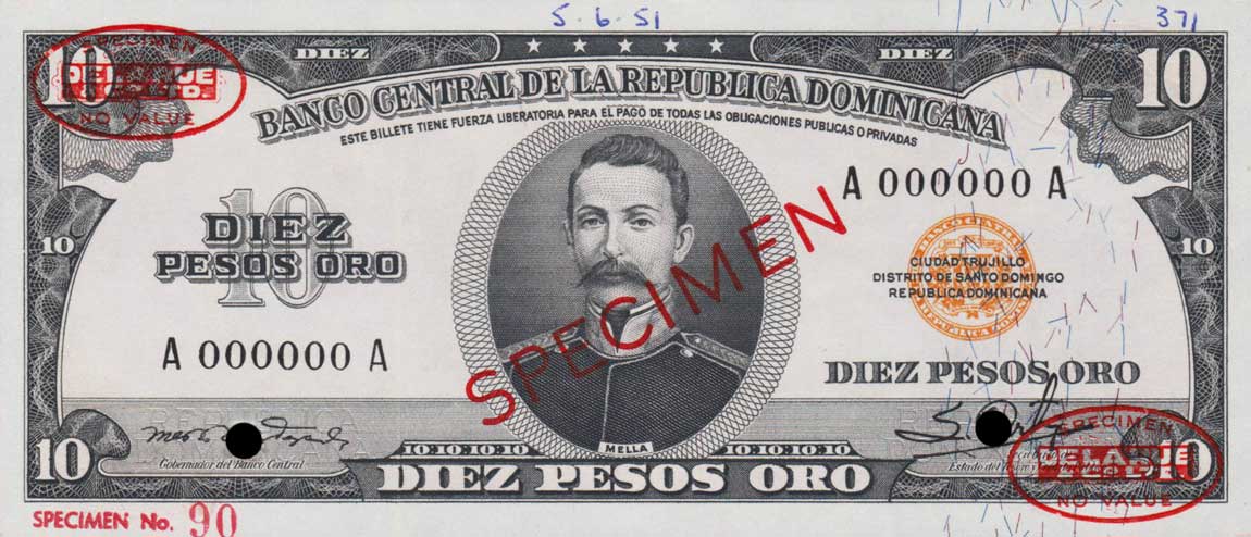Front of Dominican Republic p69s: 10 Pesos Oro from 1952