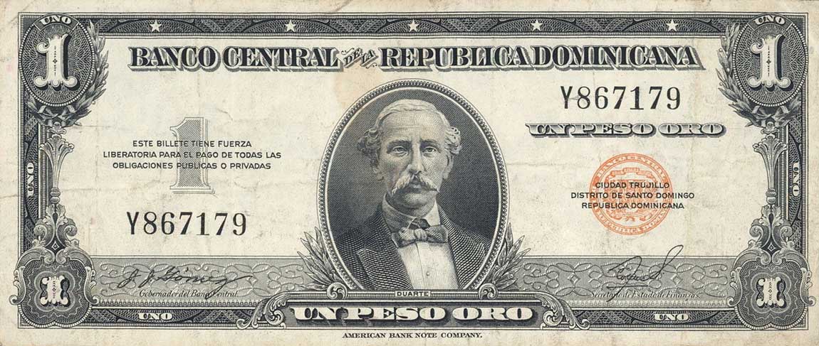 Front of Dominican Republic p71a: 1 Peso Oro from 1956