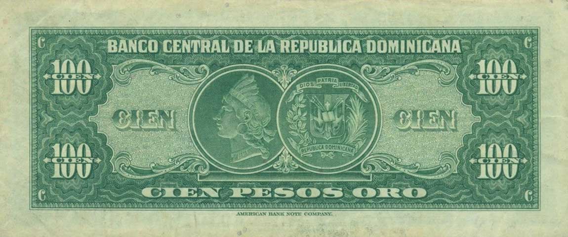 Back of Dominican Republic p76a: 100 Pesos Oro from 1956