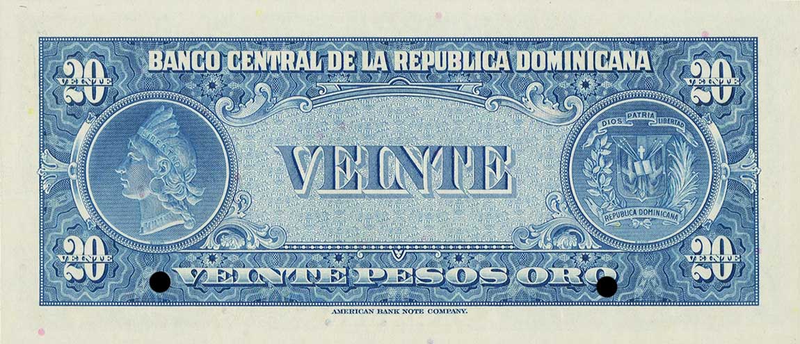 Back of Dominican Republic p79s: 20 Pesos Oro from 1956