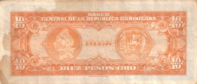 Back of Dominican Republic p82: 10 Pesos Oro from 1959