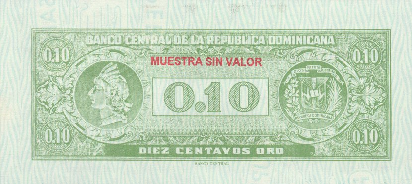 Back of Dominican Republic p85s: 10 Centavos Oro from 1961