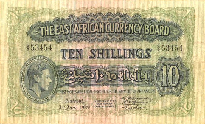 Front of East Africa p29a: 10 Shillings from 1938