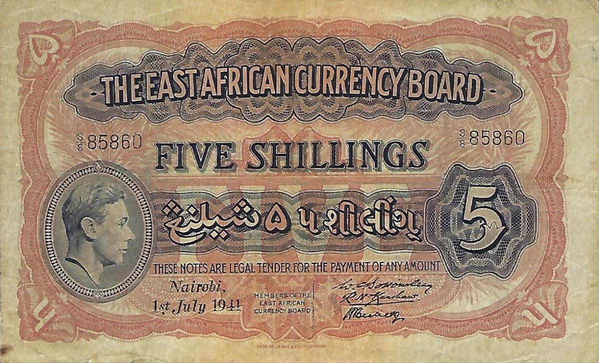 Front of East Africa p28a: 5 Shillings from 1938