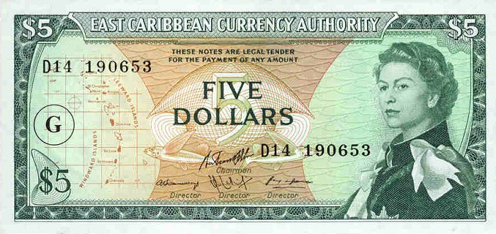 Front of East Caribbean States p14k: 5 Dollars from 1965