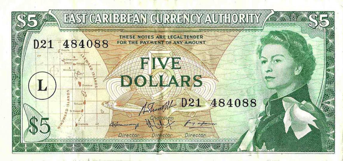 Front of East Caribbean States p14m: 5 Dollars from 1965