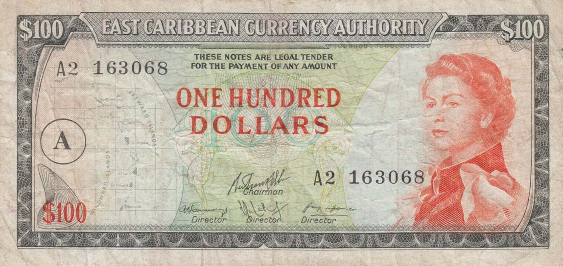 Front of East Caribbean States p16g: 100 Dollars from 1965