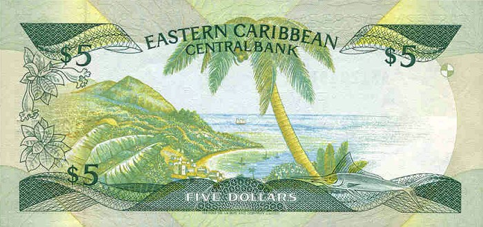 Back of East Caribbean States p18k: 5 Dollars from 1986