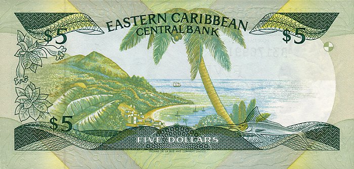 Back of East Caribbean States p18l: 5 Dollars from 1986