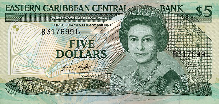 Front of East Caribbean States p18l: 5 Dollars from 1986