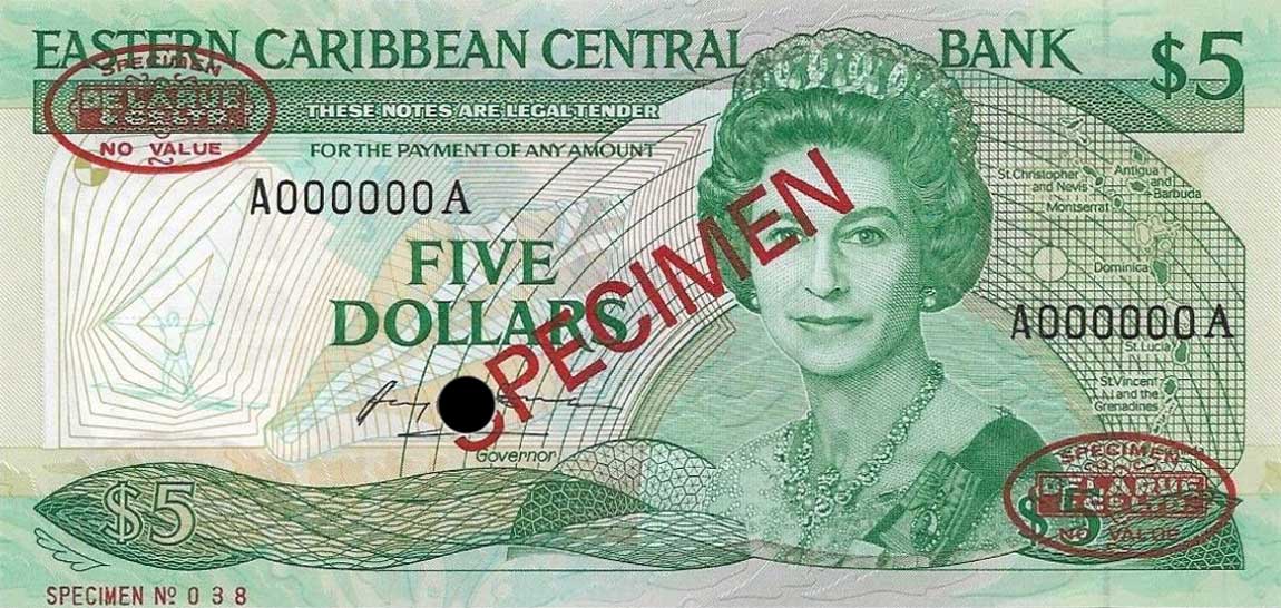 Front of East Caribbean States p18s: 5 Dollars from 1986