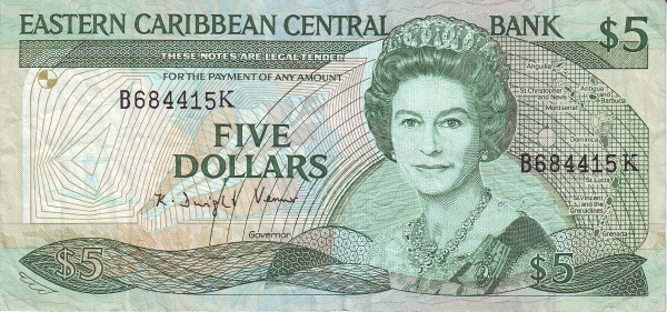 Front of East Caribbean States p22k2: 5 Dollars from 1988