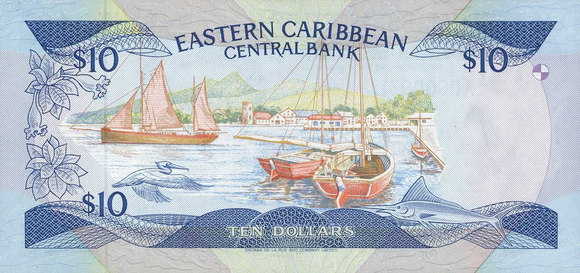 Back of East Caribbean States p23l1: 10 Dollars from 1985