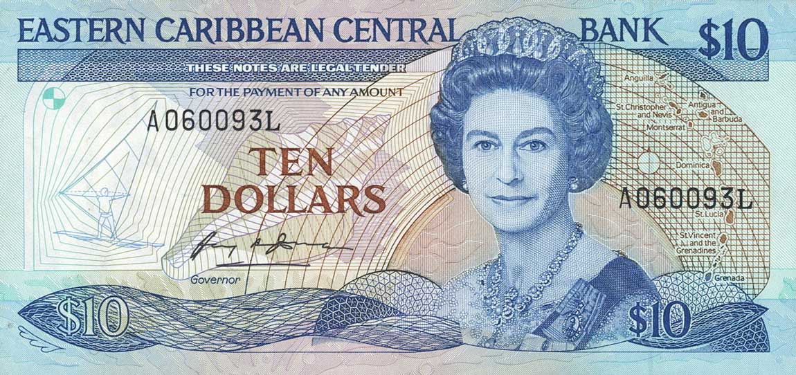 Front of East Caribbean States p23l1: 10 Dollars from 1985