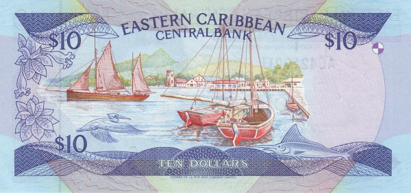 Back of East Caribbean States p23u: 10 Dollars from 1985