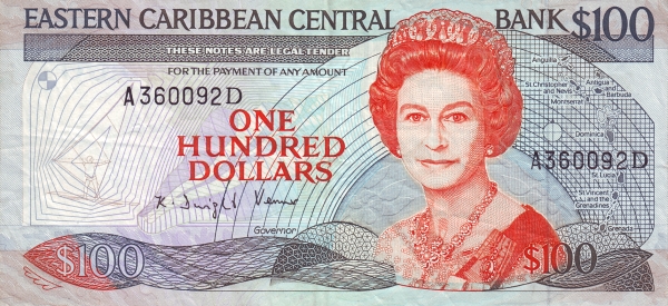 Front of East Caribbean States p25d2: 100 Dollars from 1988