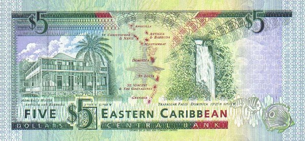 Back of East Caribbean States p26v: 5 Dollars from 1993