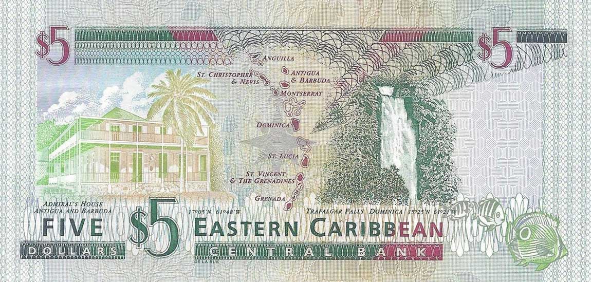 Back of East Caribbean States p37m: 5 Dollars from 2000