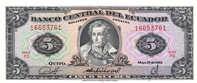 Front of Ecuador p113c: 5 Sucres from 1979