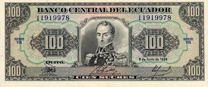 Front of Ecuador p123Aa: 100 Sucres from 1988