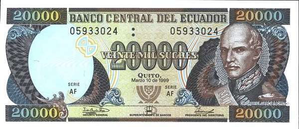 Front of Ecuador p129e: 20000 Sucres from 1999