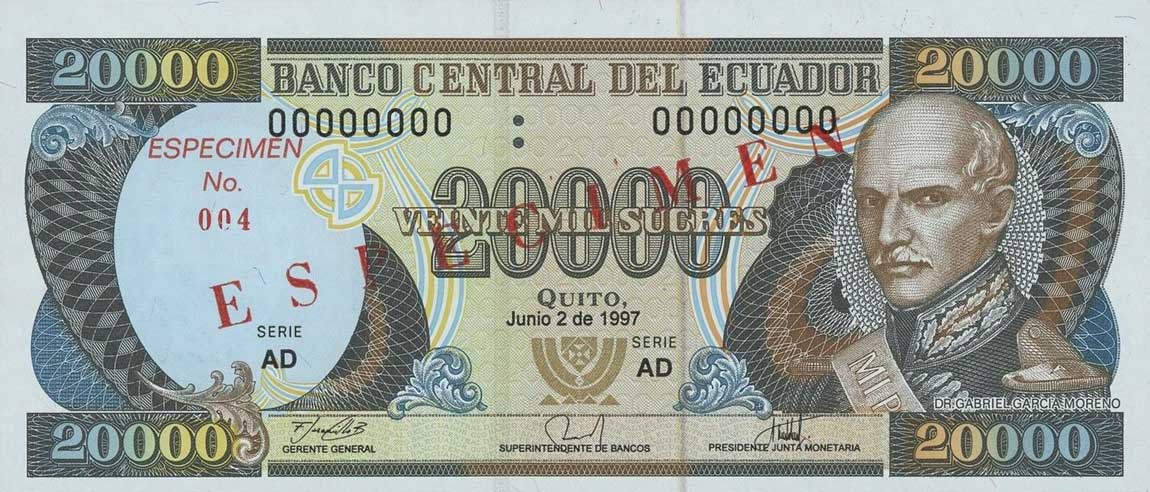 Front of Ecuador p129s2: 20000 Sucres from 1997