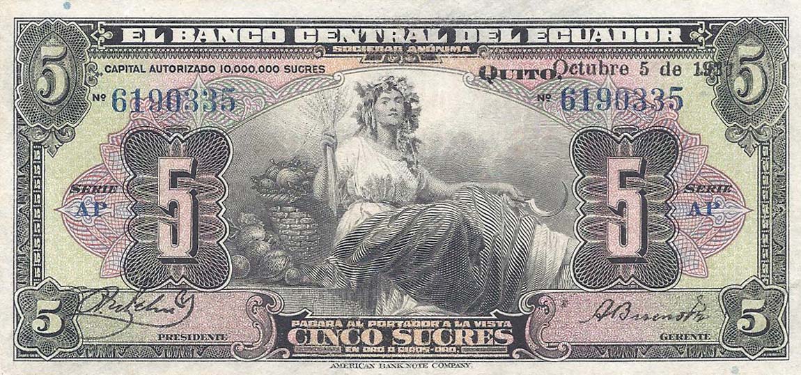 Front of Ecuador p84a: 5 Sucres from 1928