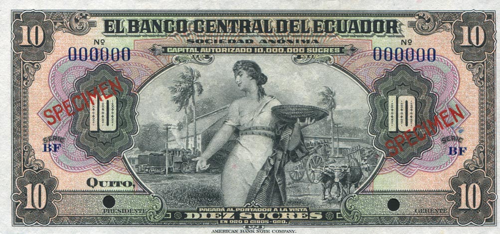Front of Ecuador p85s: 10 Sucres from 1928