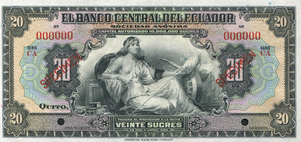 Front of Ecuador p86s: 20 Sucres from 1928