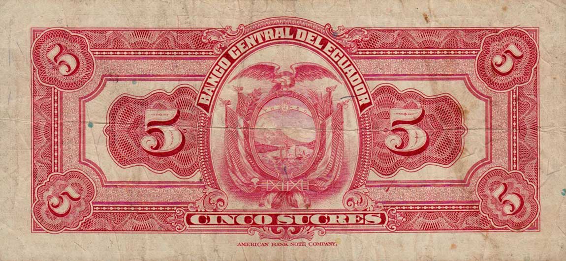 Back of Ecuador p91b: 5 Sucres from 1945