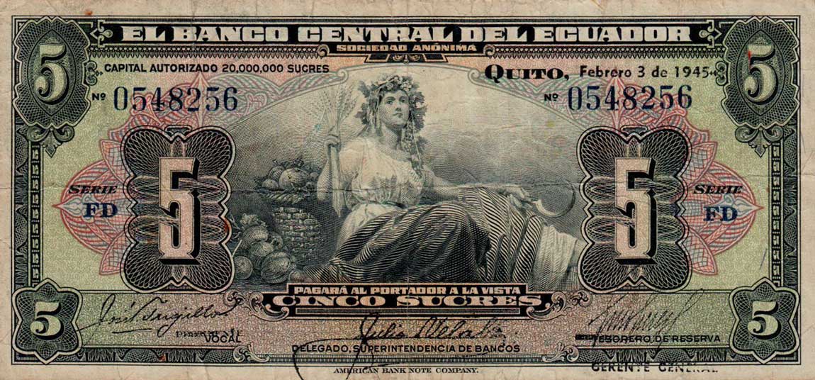 Front of Ecuador p91b: 5 Sucres from 1945