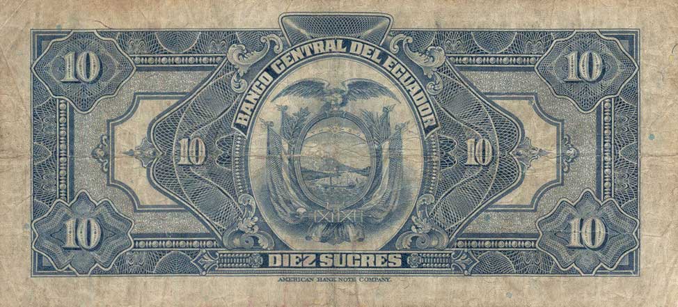 Back of Ecuador p92a: 10 Sucres from 1939