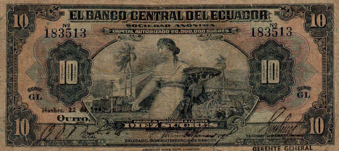 Front of Ecuador p92d: 10 Sucres from 1945