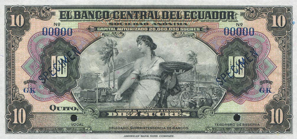 Front of Ecuador p92s1: 10 Sucres from 1939