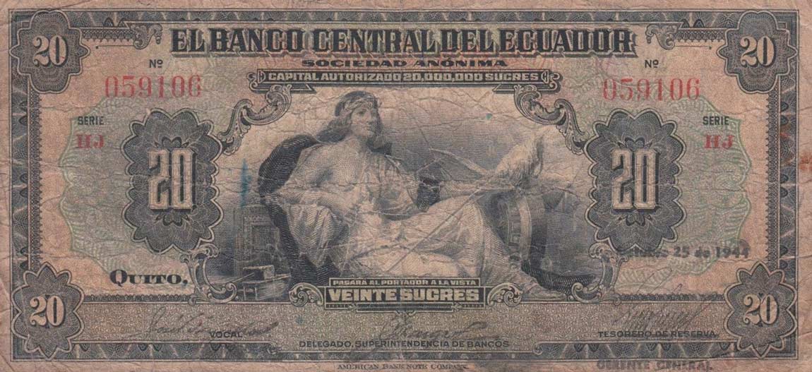 Front of Ecuador p93d: 20 Sucres from 1944