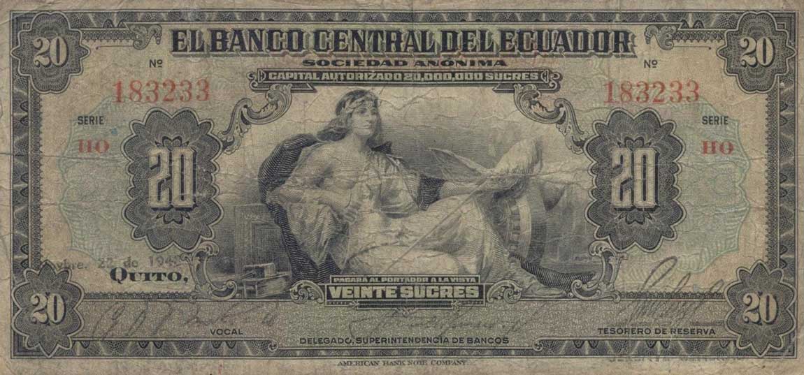 Front of Ecuador p93e: 20 Sucres from 1945