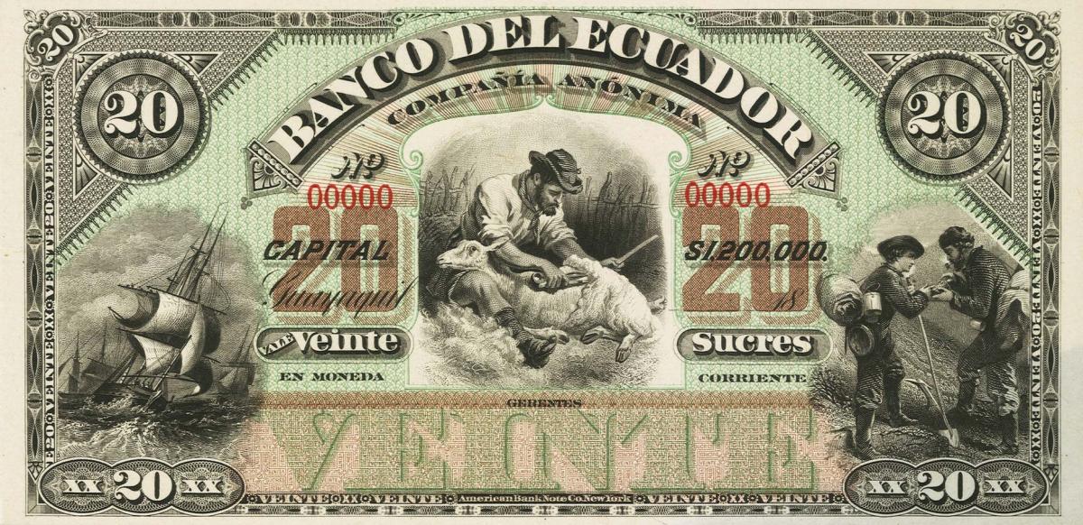 Front of Ecuador pS160p: 20 Sucres from 1898