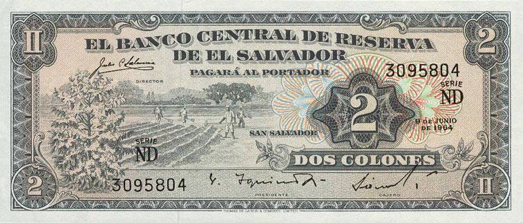 Front of El Salvador p101a: 2 Colones from 1962