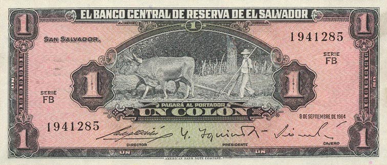 Front of El Salvador p105a: 1 Colon from 1964