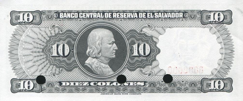 Back of El Salvador p127s: 10 Colones from 1977