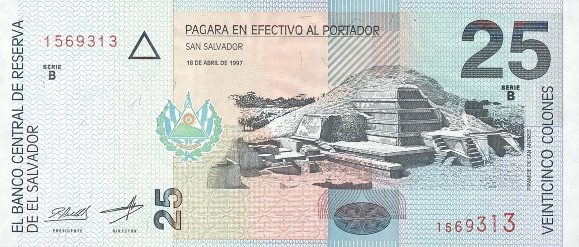 Front of El Salvador p149a: 25 Colones from 1997