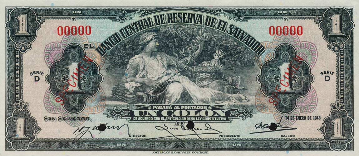 Front of El Salvador p75s: 1 Colon from 1934